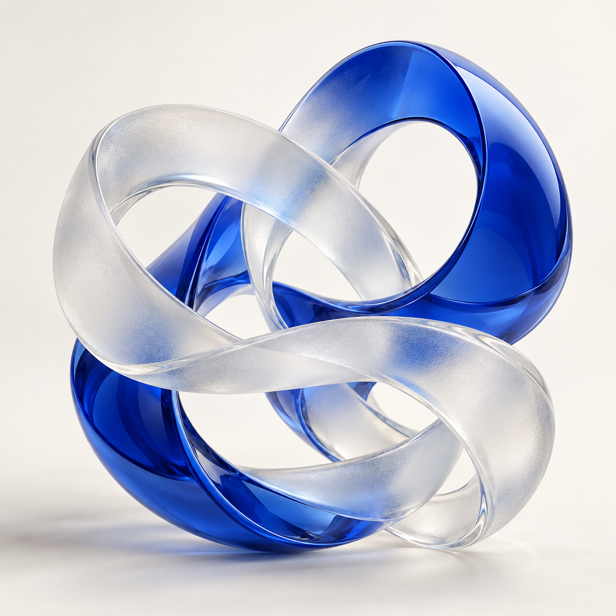 Sculptural blue and glass forms connecting in a continuous loop